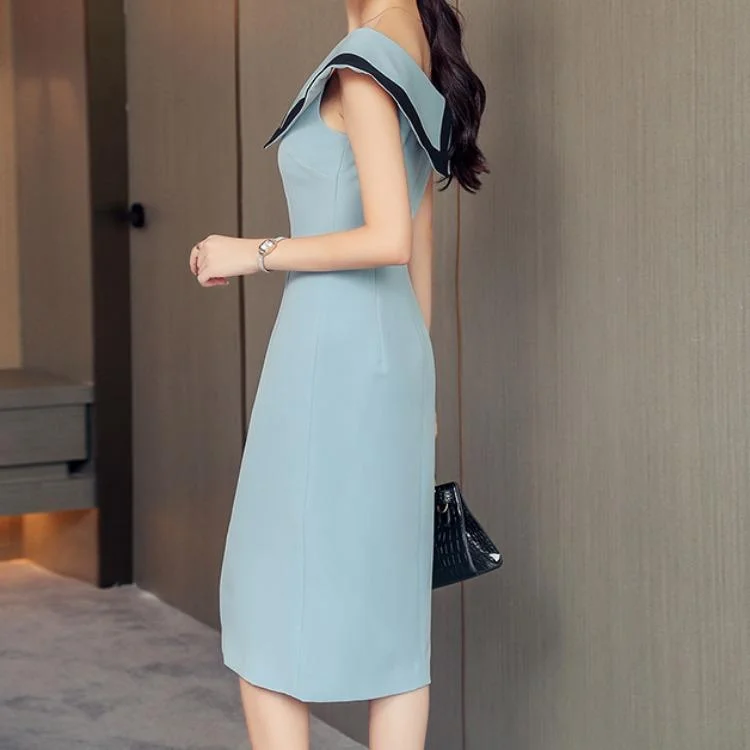 Fashion blue mid-length bag hip sexy dress