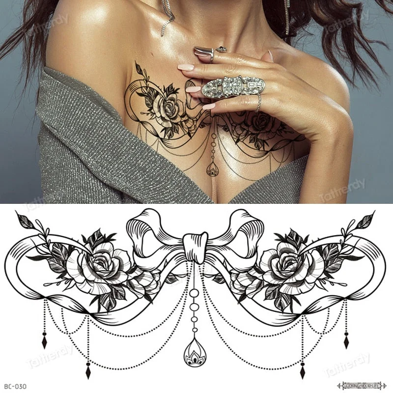 sexy tattoo sticker women lace Amazing Temporary Tattoos jewel black fake henna tattoo breast underboob body art flowers rose