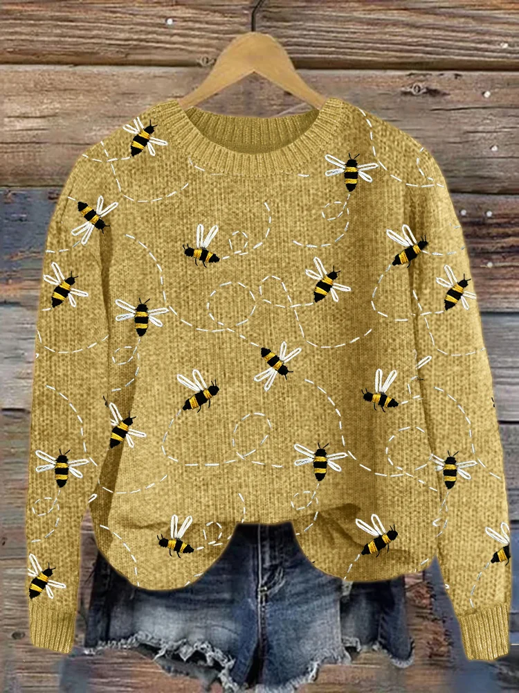 Comstylish Flying Bees Embroidery Pattern Cozy Knit Sweater