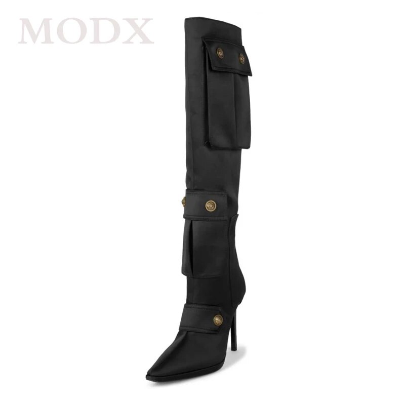 VCSHOES Silk Cloth Pocket Knee High Boots Denim Pointed Toe Stiletto Metal Buckles Decor Botas Women Party Runway Shoes