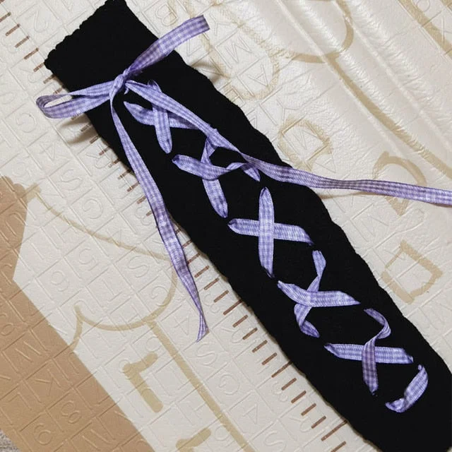 Black/White Cool Warm Calf-length Drawstring Stripe Plaid Ribbon Bow JK Socks SP16875