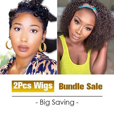 WEQUEEN Curly Pixie Cut 13x4 Lace Front Wigs with  Kinky Curly Headband Wigs