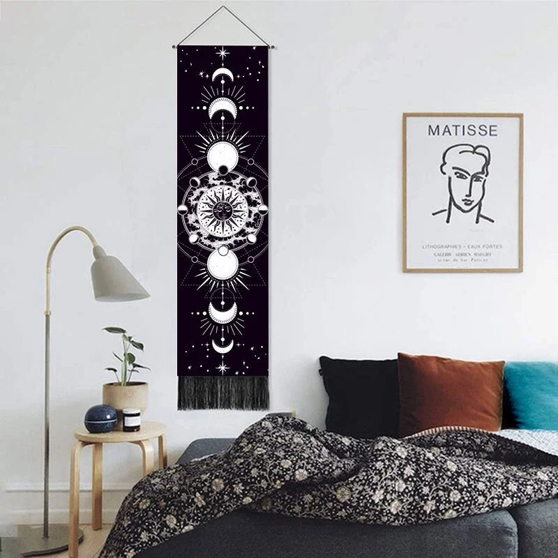 Moon Phases Tapestry Wall Art Hanging Tarot Witchcraft Tapestries HD Printing Sun Moon Tapestry Psychedelic Decor Tassel Carpet