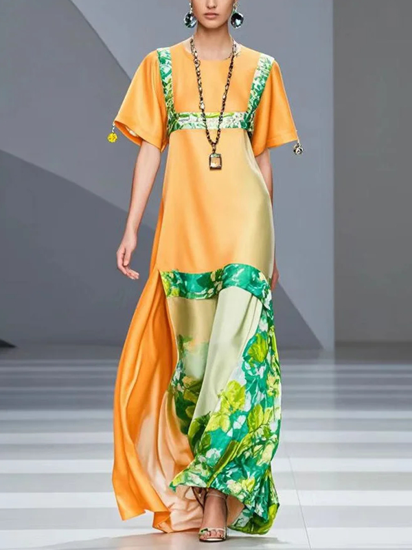 Orange Printed Fitted Silk Robe Dress