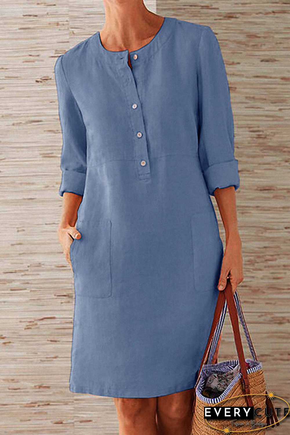 Casual Solid Pocket Buckle O Neck Long Sleeve Dresses(6 Colors)