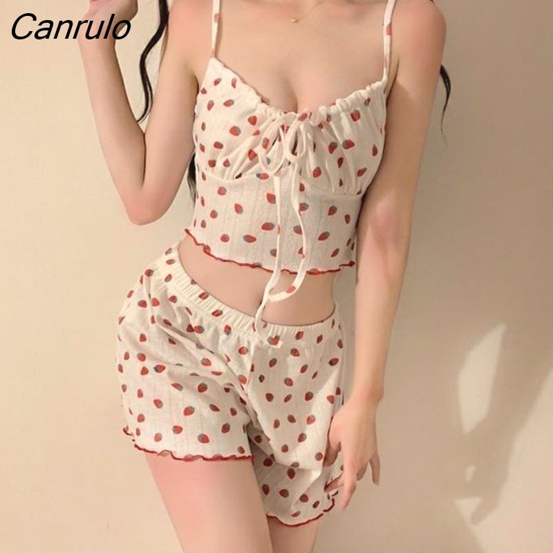 Canrulo Pajama Sets Sweet Bandage Slim Sexy 2 Pieces Sleepwear Home Casual Simple Summer Fashion Soft Students Ulzzang Design