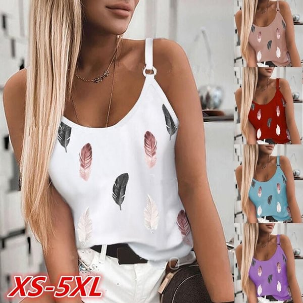 XS-5XL Plus Size Fashion Women Summer Casual Feather Print Sleeveless Tank Tops - Life is Beautiful for You - SheChoic