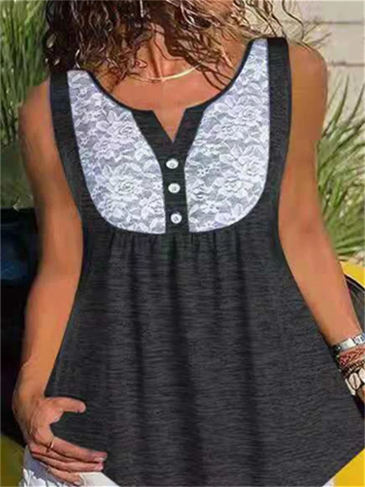 Women's V-neck Lace Drawstring Button Loose Large Size Sleeveless T-shirt-Mixcun