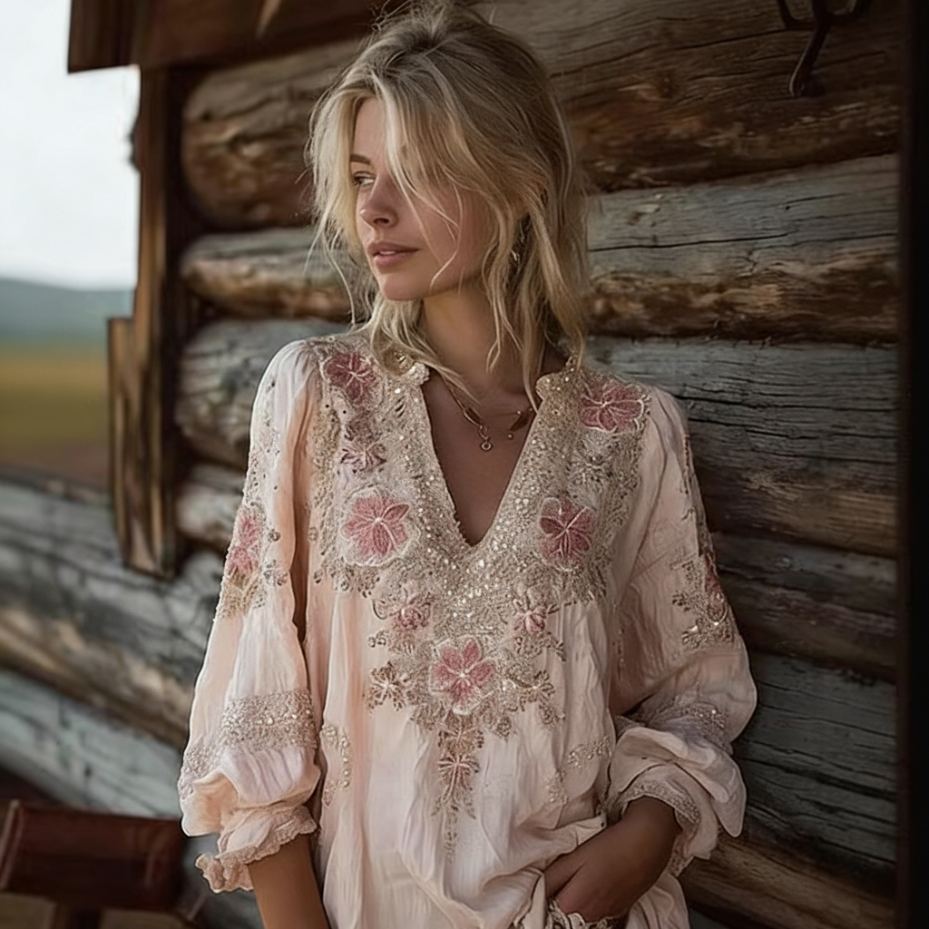 Linen Bohemian Embroidered Top Women's Loose Long Sleeve Peasant Blouse Ethnic Vintage Style Summer Casual Shirt - Helixace