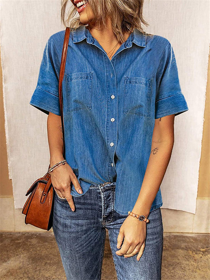  thdmladies Loose Casual Straight Denim Short Sleeve Shirts thedmladies