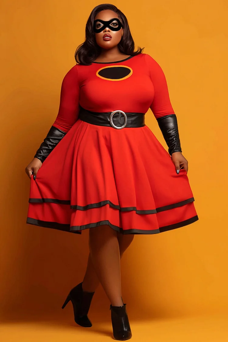 Xpluswear Design Plus Size Halloween Red Round Neck Long Sleeve Ruffle Casual Contrast Mini Dresses 2024 - Xpluswear