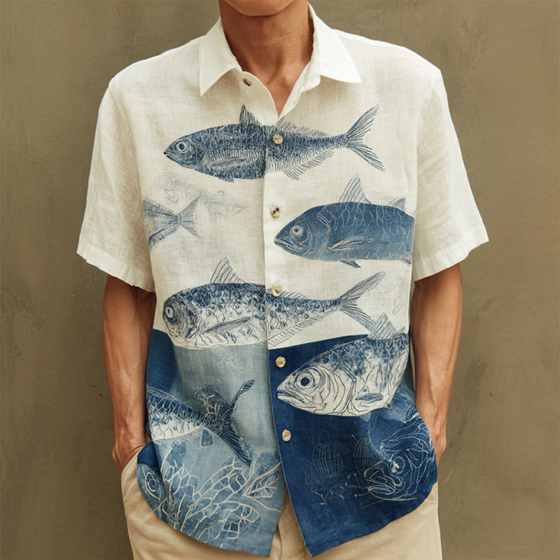 Men's Japanese-style Art Fish Print Color-blocked Short-sleeved Shirt  artssus