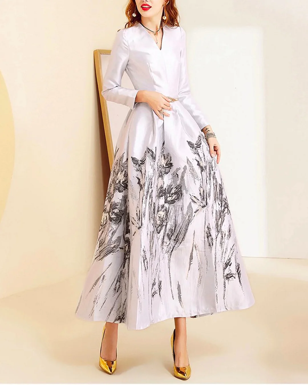 Women's Embroidery Print Long Sleeve Dress - 01