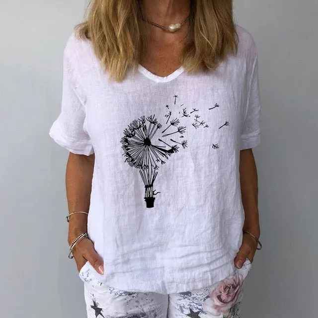 Women Summer Cotton Linen Blouse Casual V Neck Short Sleeve Femme Blouse Shirt New Letter Print 2022 Blusas Womens Tops S-3XL