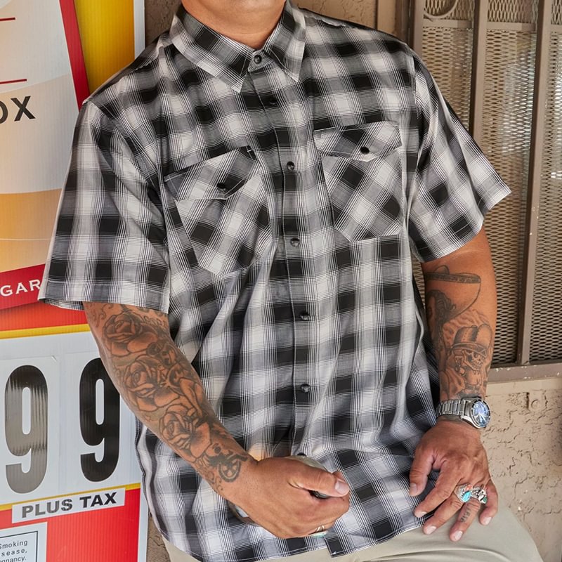 Men’s Black And White Plaid Patterned Short Sleeve Bamboo Shirt