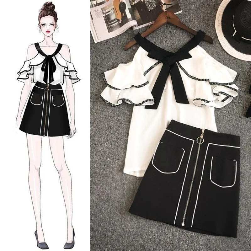 Black White Falbala Off-Shoulder Shirt/Skirt Set SP14041