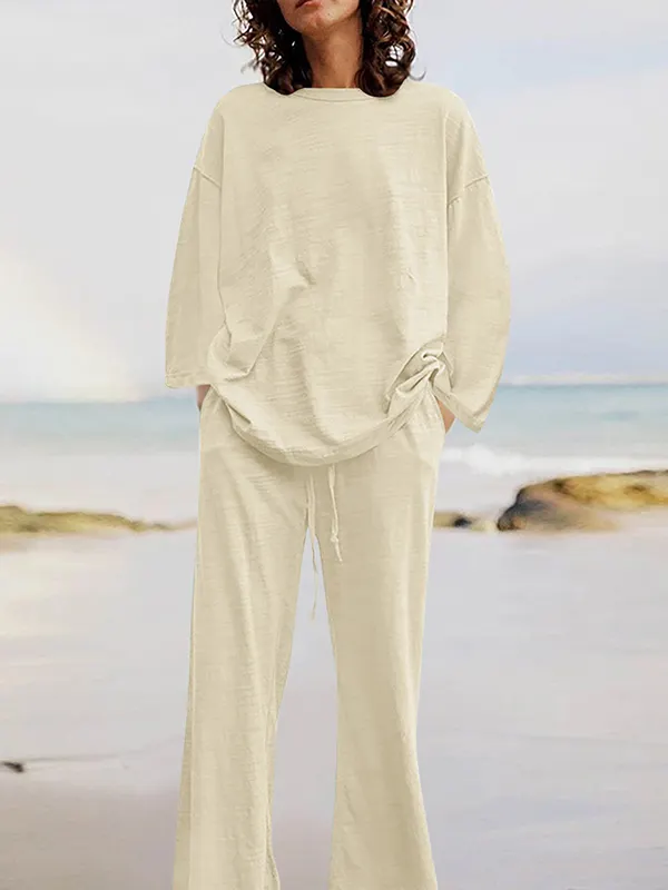 Round Neck Long Sleeve Top and Drawstring Shorts Set