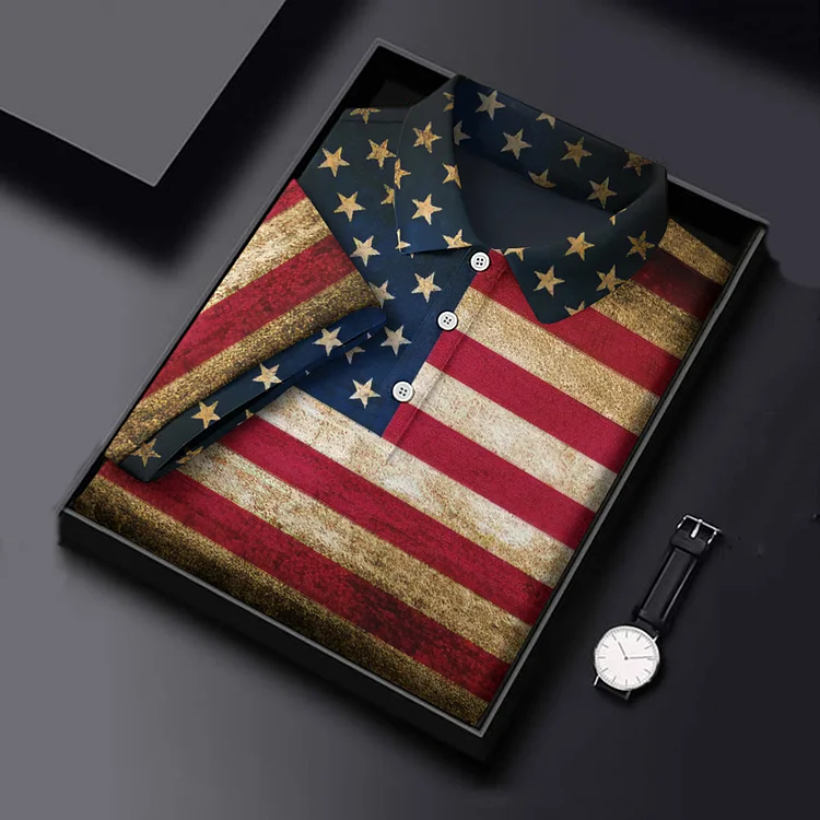 Men's Vintage Independence Day Flag Print Polo Shirt