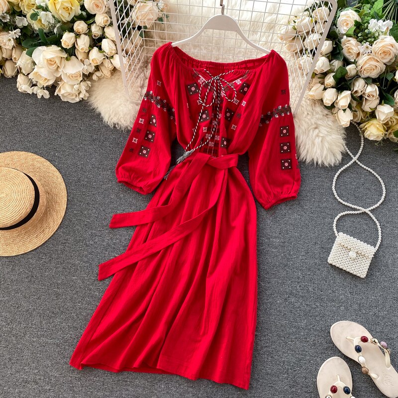 Dress New Vintage Women Heavy Industry Embroidered Off The Shoulder Puff Sleeve Bandage Slim Dresses