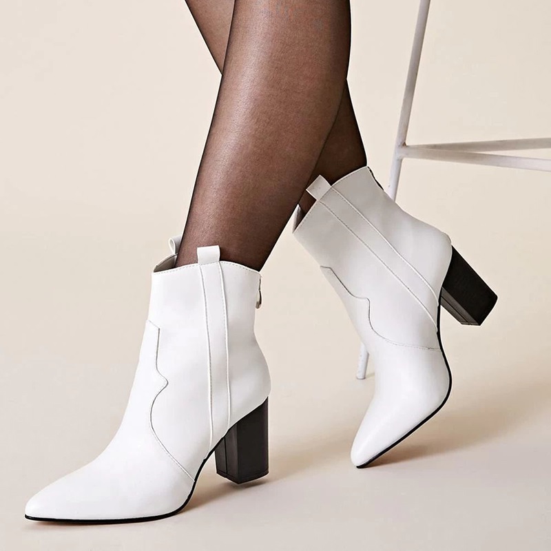 White Simple Chunky Heel Western Boots Pointy Toe Ankle Boots