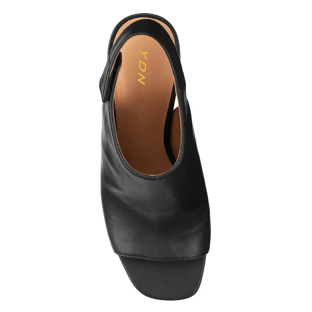 Black Vegan Leather Open Toe Chunky Heel Slingback Women's Sandals