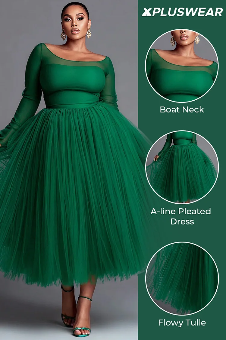 Xpluswear Design Plus Size Christmas Green Long Sleeve Contrast Elegant  Tulle Midi Dresses - Xpluswear.com