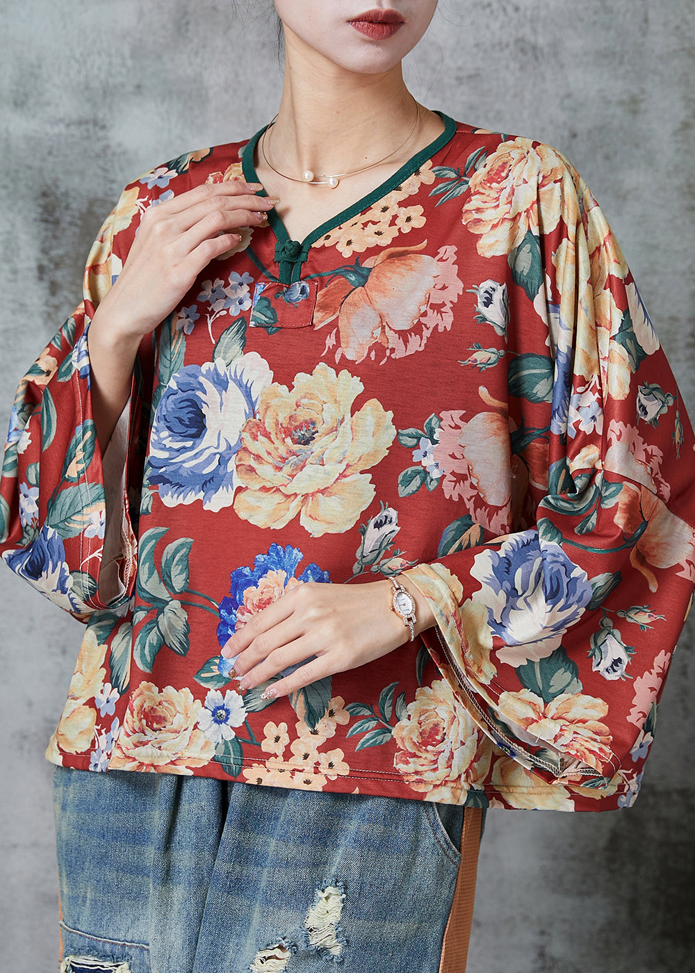 VCSHOES Red Oversized Print Linen Blouses Spring