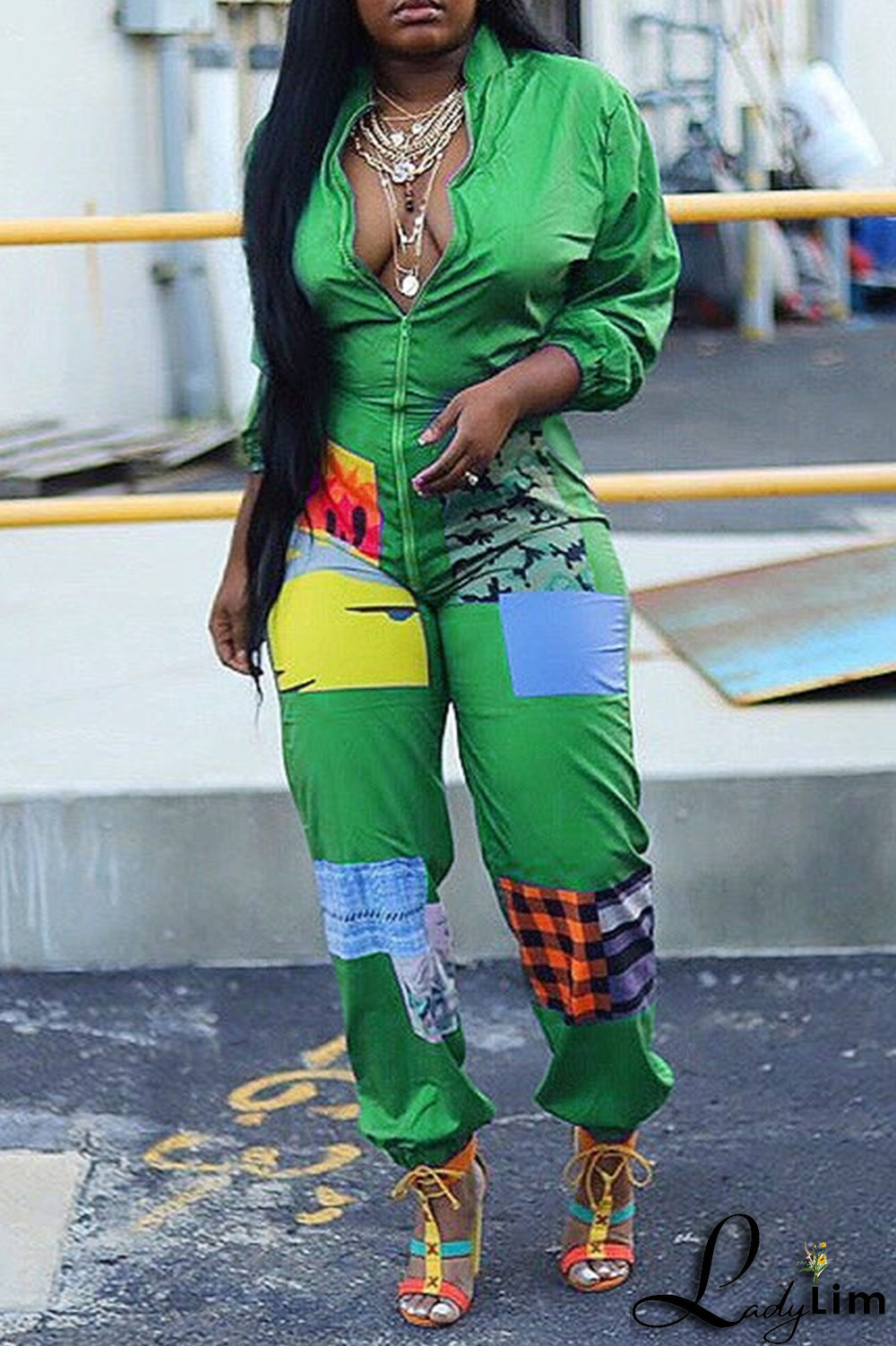 Black Sexy Patchwork Colorblock Printing O Neck Jumpsuits