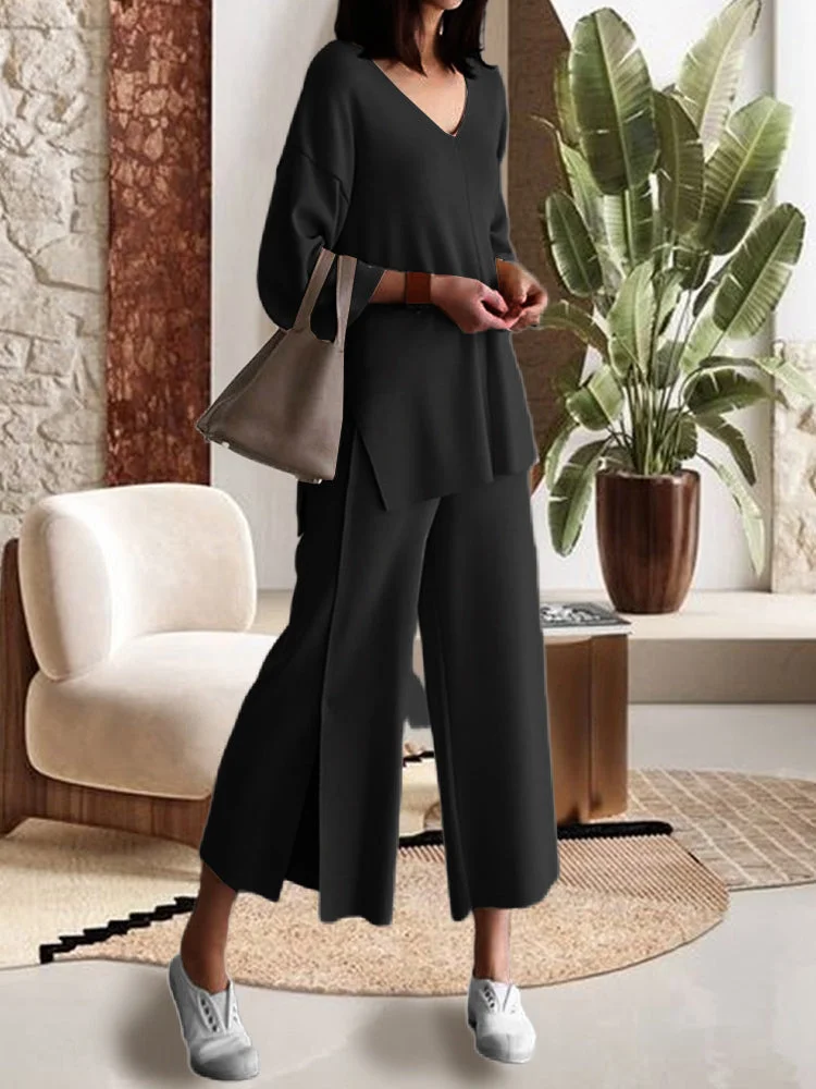 V-neck top slit wide-leg pants two-piece set