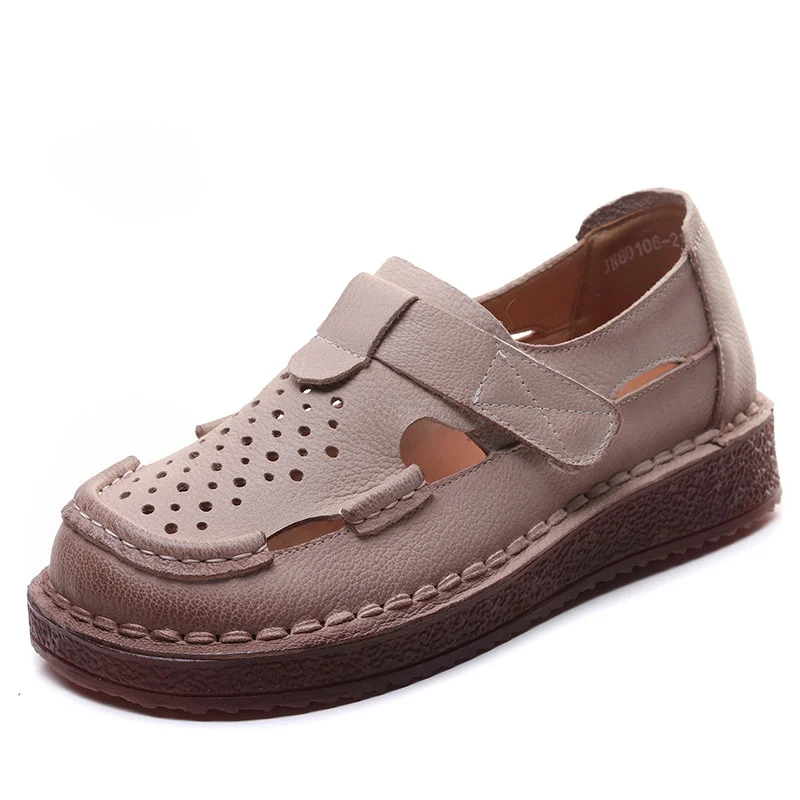 Yyvonne Time 99] Head Layer Of Cowhair Retro Handmade Hole Shoes Female Summer Beef Soft-Soled Mother Shoes With Hollow Shoes