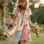 Women's Retro Floral Splicing Cotton And Linen Short Dress - Image 2