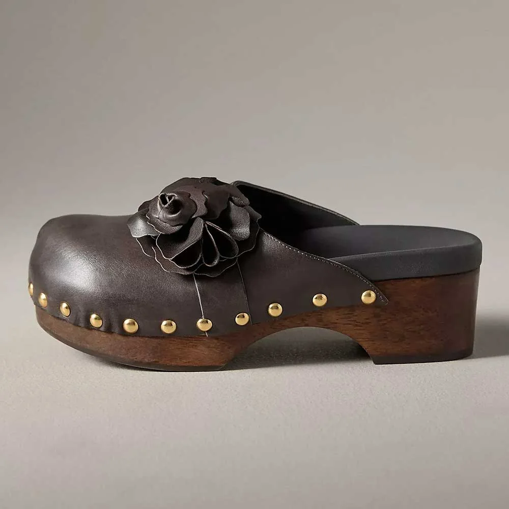 Brown Round Toe Chunky Heel Studded Flower Decor Platform Mules Shoes