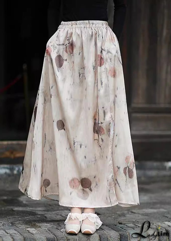2024 New Print Pockets Elastic Waist Silk Skirts Summer