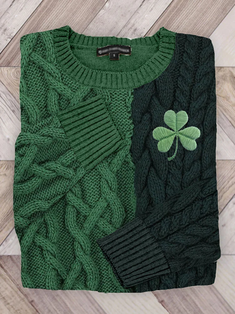 Irish Shamrock Embroidered Jacquard Cozy Sweater