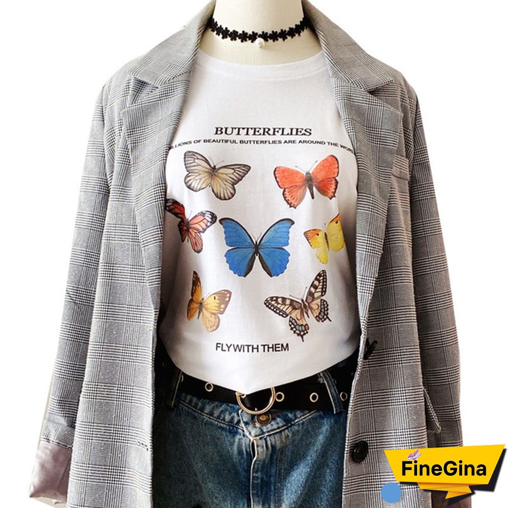 Butterfly Fly With Them Letter Graphic Tee Women T Shirt Khaki Begie T Shirt Women Tops Fashion Tees
