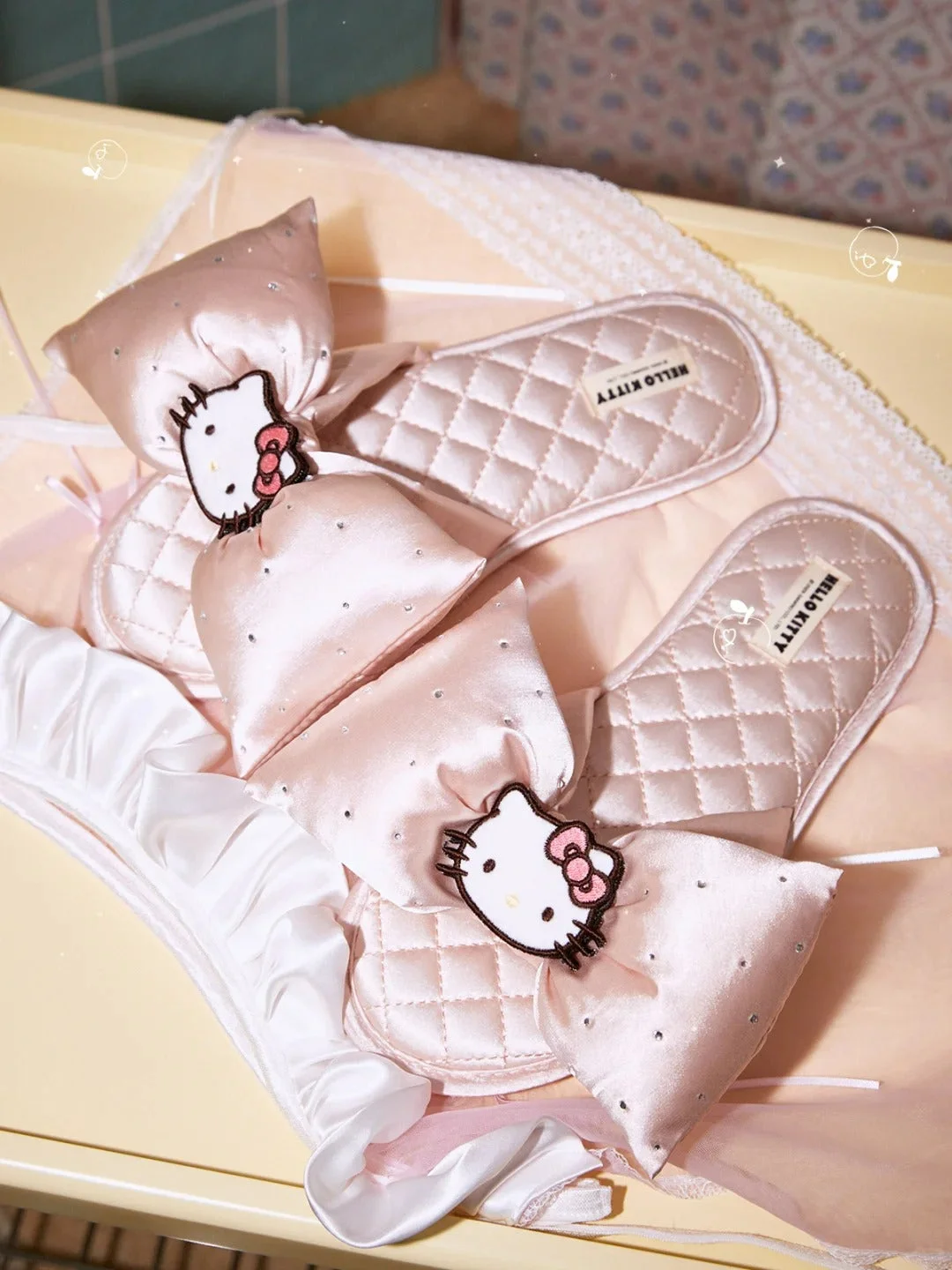 Kitty Pink Bowtie House Slippers Indoor Satin Slippers