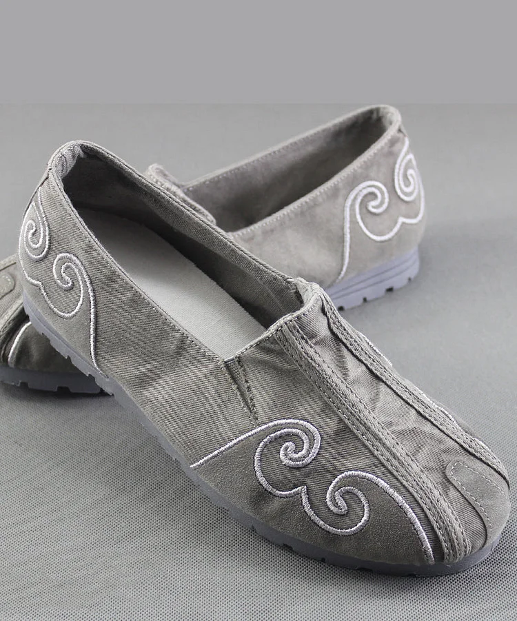 Grey Flat Feet Shoes For Men Cotton Fabric Stylish Embroideried Flats