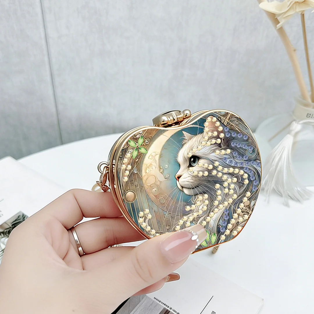 Cat Moon DIY Acrylic Love Diamond Art Painting Card Case Wallet with Chain Small Diamond Painting Crossbody Bag for Adults Women Girls Gift