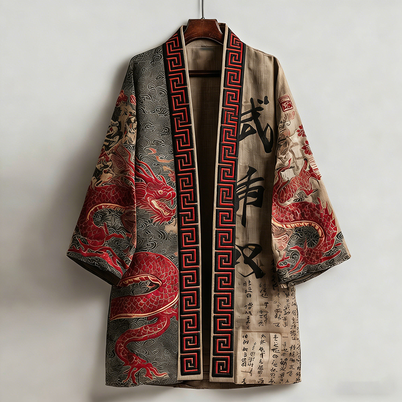 Men's Retro Color Block Calligraphy Dragon Art Pattern Linen Blend Kimono  artssus
