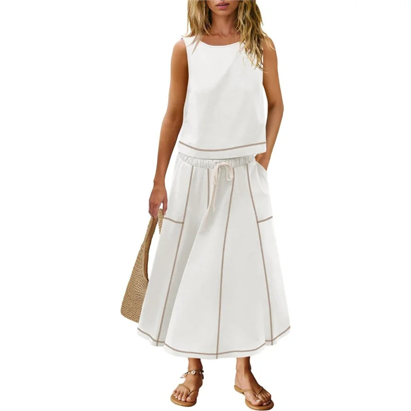 Athvotar Athvotar Hot 2025 New Summer Vacation Sleeveless Vest Half-Dress Cotton-Song Set Two-Piece Set