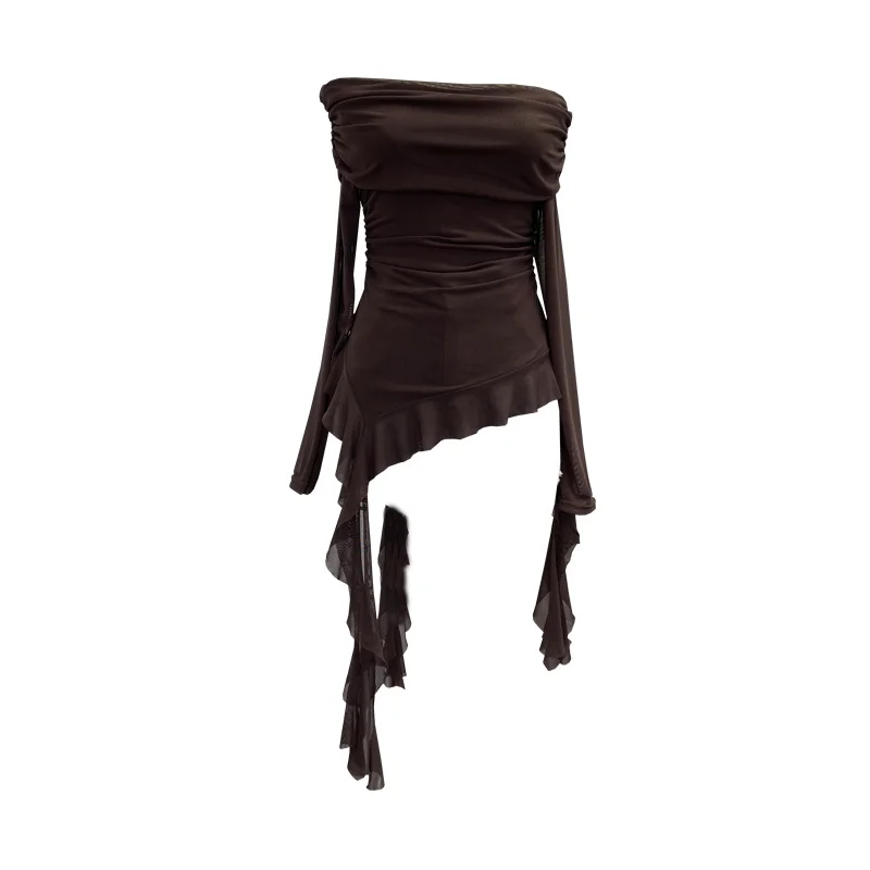 Nigikala Nigikala Shot A Word Shoulder Folded Top Girl Spring And Summer Side-Sleeve Strap Design French Long-Sleeved Mesh T-Shirt 9275