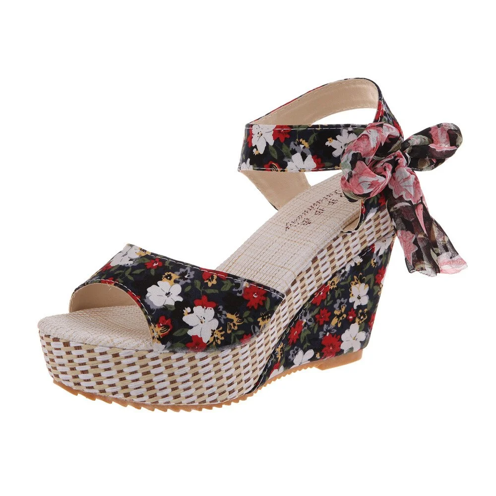 Summer Shoes Woman Flower Peep Toe Wedges Lace Up Thick Bottom Flatform Shoes Sandals Zapatos Mujer Tacon Sexy#G30