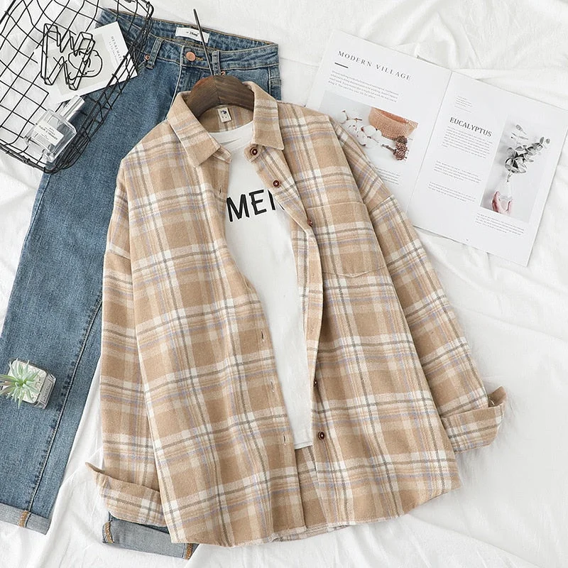 Autumn Winter Plaid Shirts Women Loose Blouses Woolen Lady Tops Female Clothes Outwear