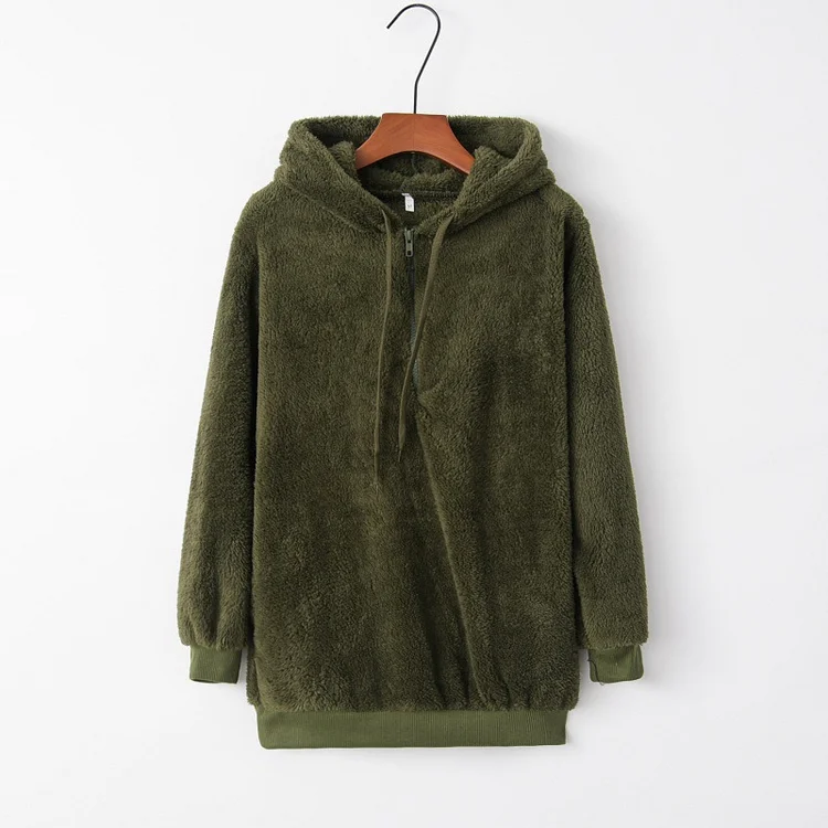 Women's Hooded Drawstring Pocket Solid Color Sweater Fleece Jacket