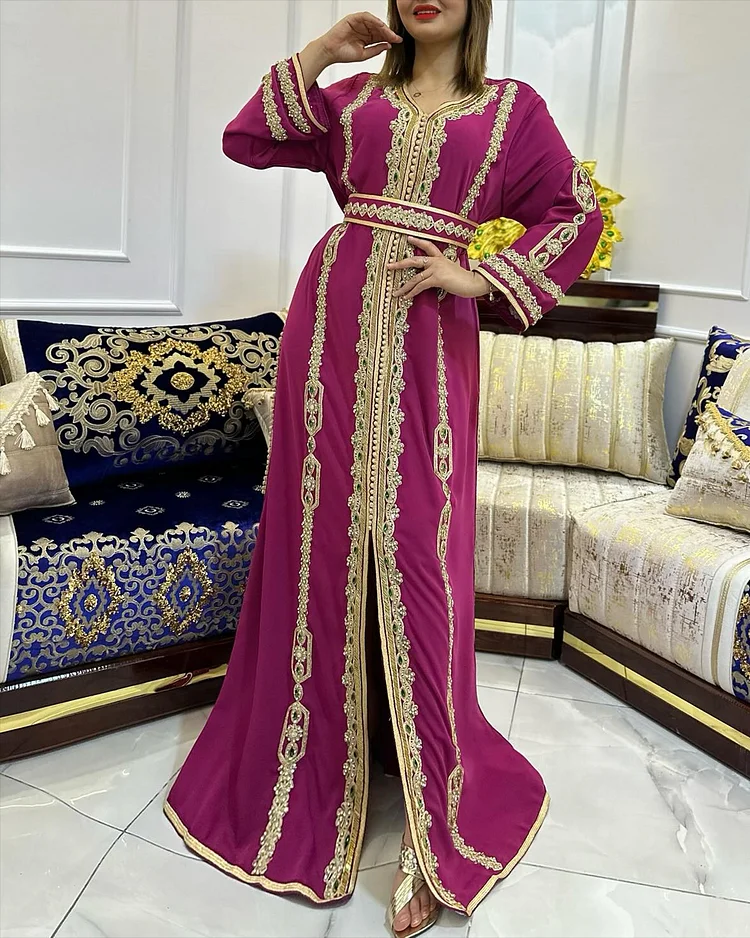 Women's V Neck Long Sleeve Embroidered Dress