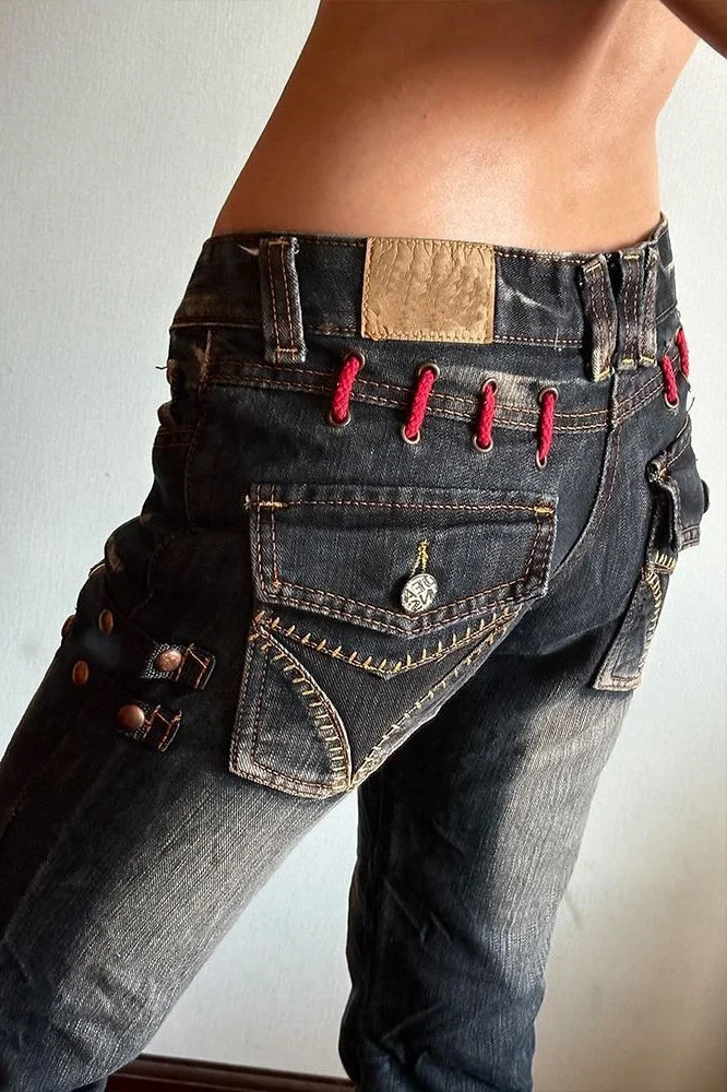 Retro Deconstructed Low-Rise Straight Floor-Length Denim Pants