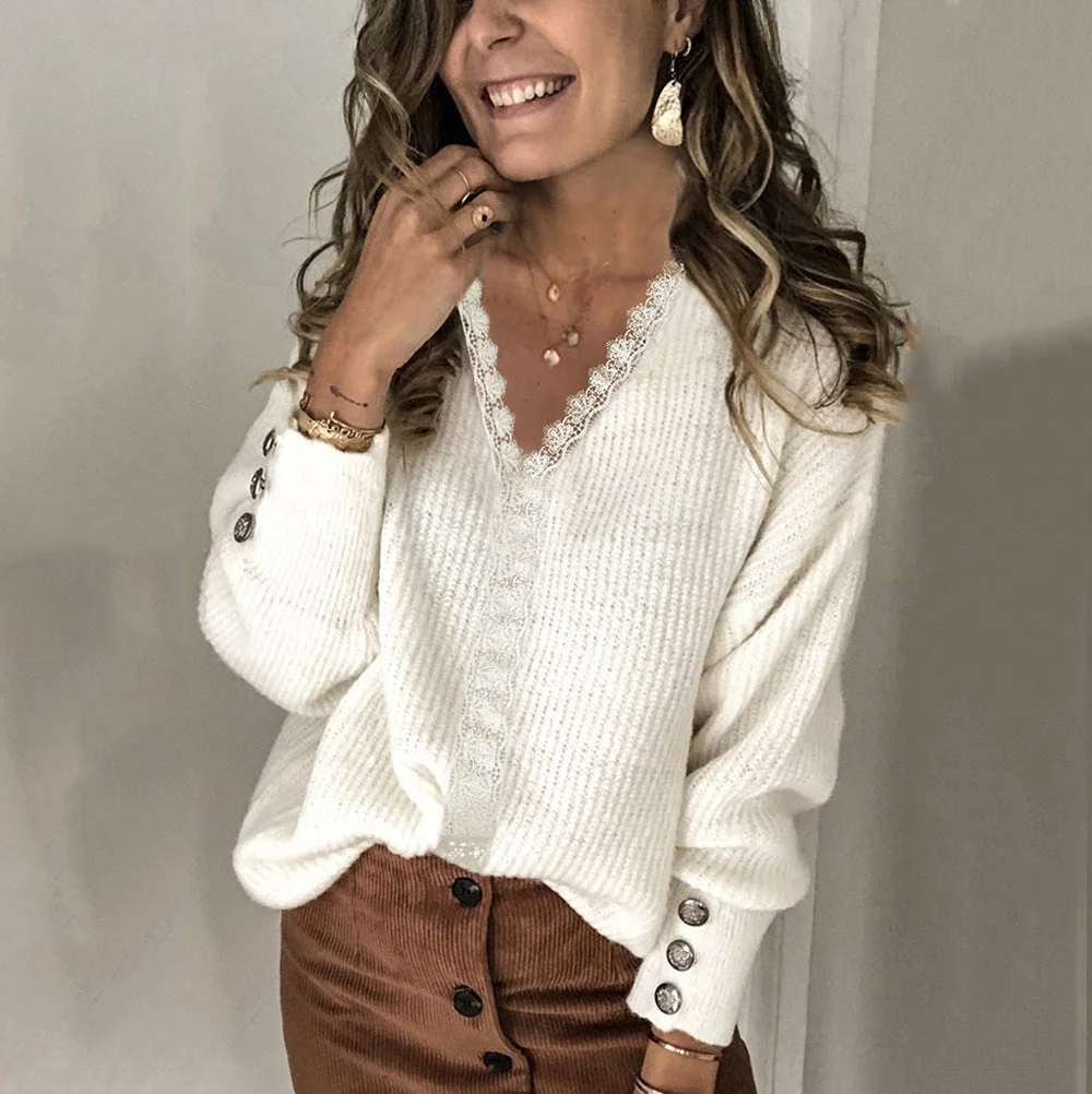 V-Necked Sweater Lady Loose Long-Sleeved Solid Color Sweater