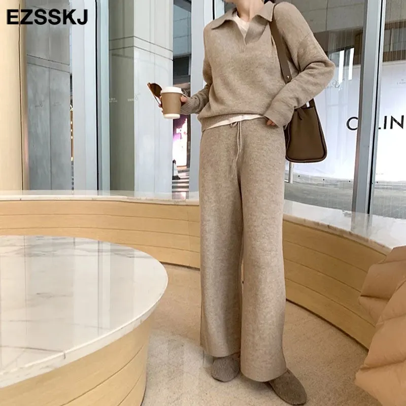 2 Pieces Set Women oversize Tracksuit polo collar Sweater Pullover straight pants Sweater Set CHIC Knitted Outwear sweater suit