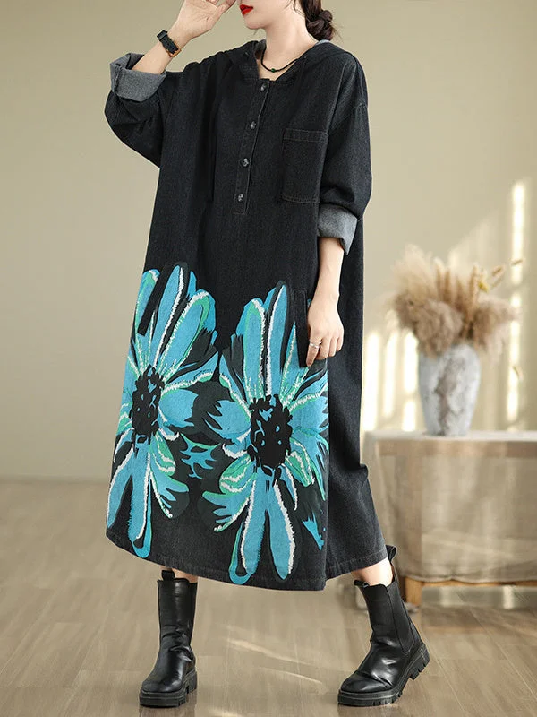Women's Long Sleeve Hooded Floral Printed Pockets Button Loose Plus Size Retro Denim Midi Dress