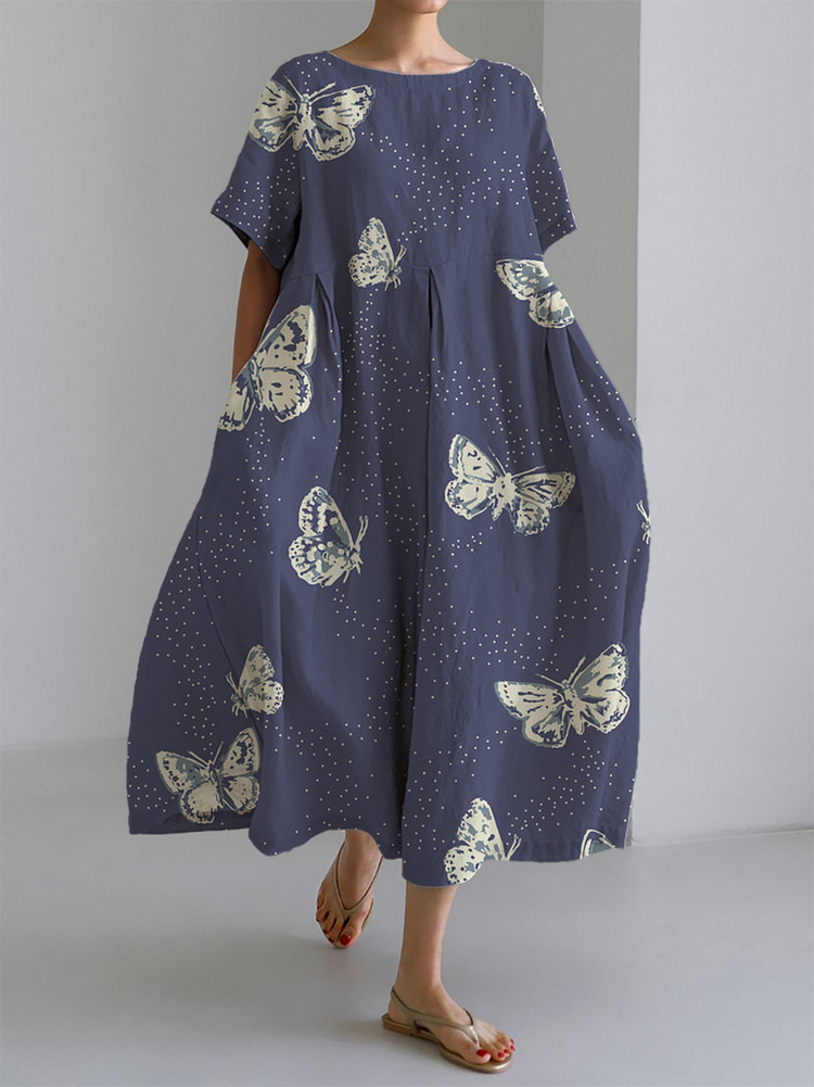 Women's Blue Butterfly Print Large Hem Long Dress socialshop